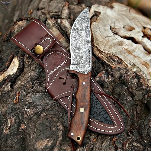 ONLYHANDMADE Hermoso cuchillo de Damasco hecho de notable acero de Damasco y madera de rosa y mango de hueso, es un cuchillo de caza con funda