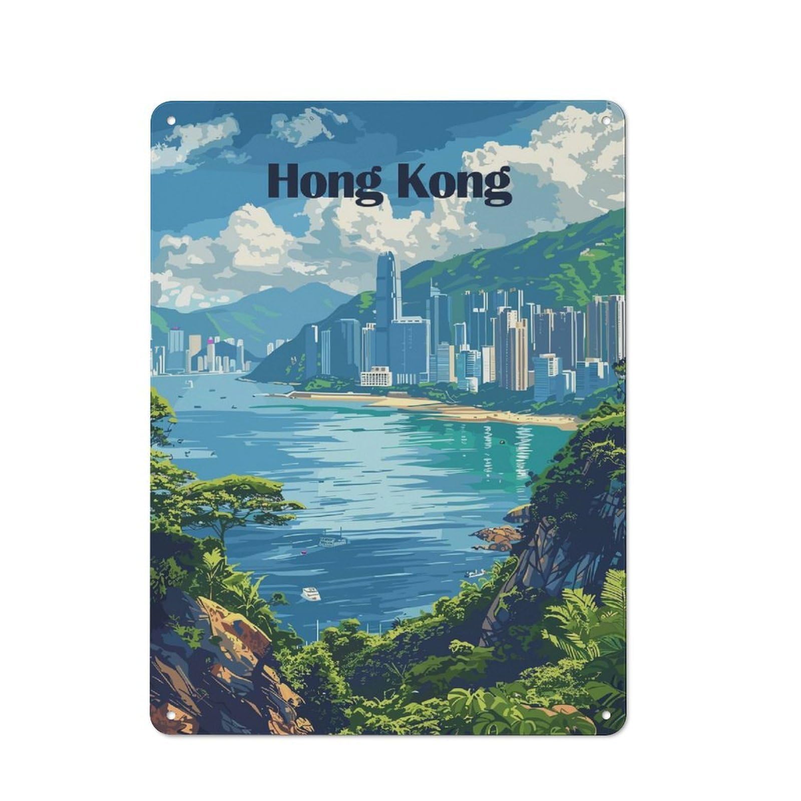 Vintage Hong Kong Cityscape Travel Metal Plaque 40x30cm, Diner Style Decor for Bakery, Diner, Cafe Or Family Room