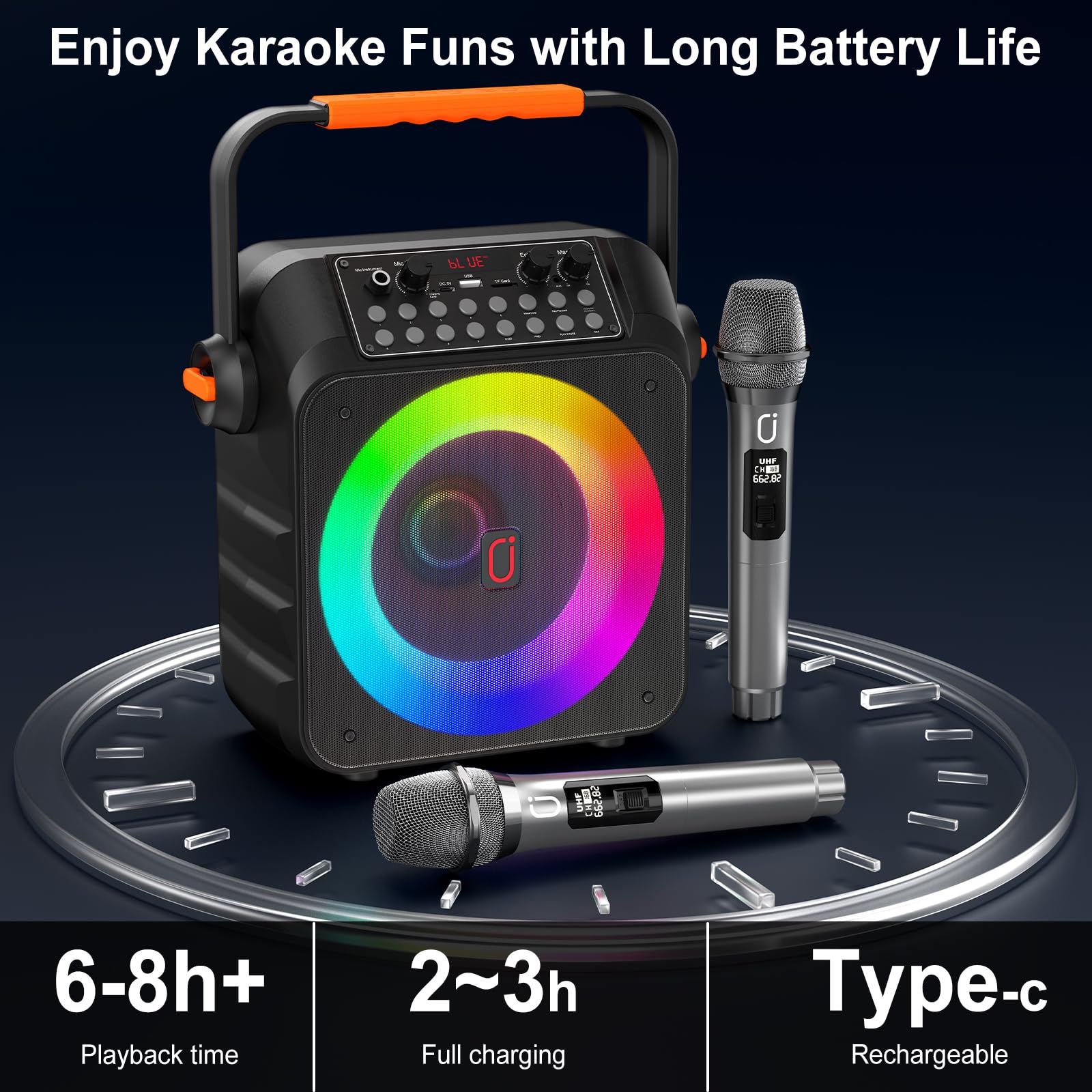 HWWR Karaoke Profesional Inalámbricos, Máquina de Karaoke Portátil con Micrófonos Inalámbricos para Adultos y Niños, Luces LED,USB/TF/AUX/Rec, Karaoke Compatible con Android/iPad/TV/PC