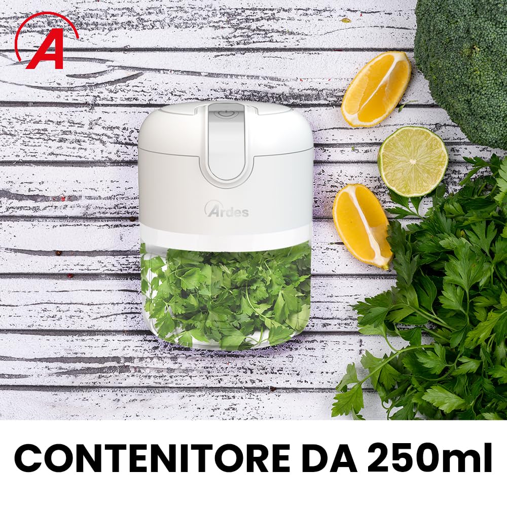 ARDES - ARCHOP02 Tritatutto da Cucina Elettrico Ricaricabile Senza Fili - Tritatutto Elettrico 3 Lame in Acciaio INOX - Mixer Cucina 250 ml - Trita Tutto Portatile