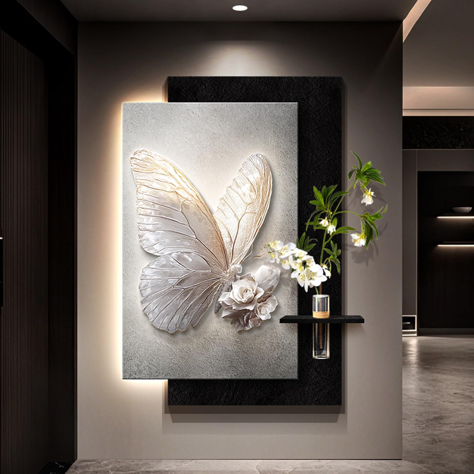 Dekoracja roślin z piaskowca LED, sztuka ścienna 3D do salonów i korytarzy, rzeźby, nadaje się do salonów sypialni (biały 1,60 x 80 cm/23,6 x 31,4 cala)