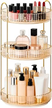 360 Rotating Makeup Organizer for Vanity, 3 Tier Perfume Skincare Organizers and Storage for Bathroom Countertop, Large Capacity Clear Spinning Counter Cosmetic Holder for Dresser, Amber Gold