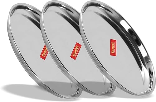 Miniatura 5 de Sumeet Platos llanos de acero inoxidable de calibre pesado con acabado de espejo 6.7 in de diámetro - Juego de 3 piezas