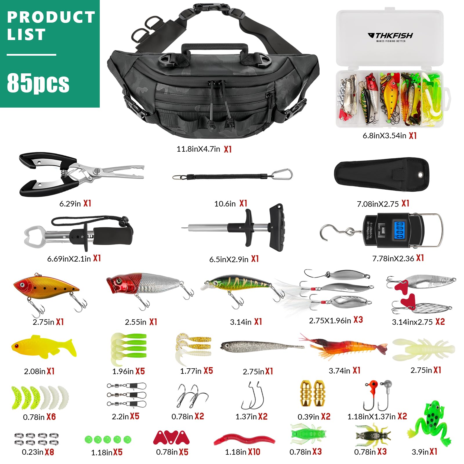 THKFISH 85Pcs Angeln Tool Kit, Angeln Tackle Box mit Tackle Sling Bag enthalten, Angeln Zangen Kit Angeln Köder Gear Kit mit Angeln Waist Pack für Kinder & Erwachsene