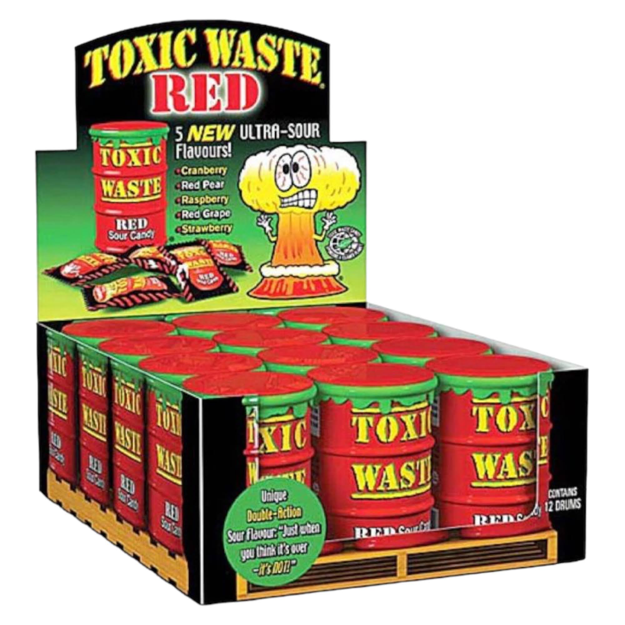 Toxic Waste Drums Hazardously Sour Candy Sweets - 12x Drums: 5 Sour Flavours Red Drums: Pear, Cranberry, Raspberry, Grape and Strawberry