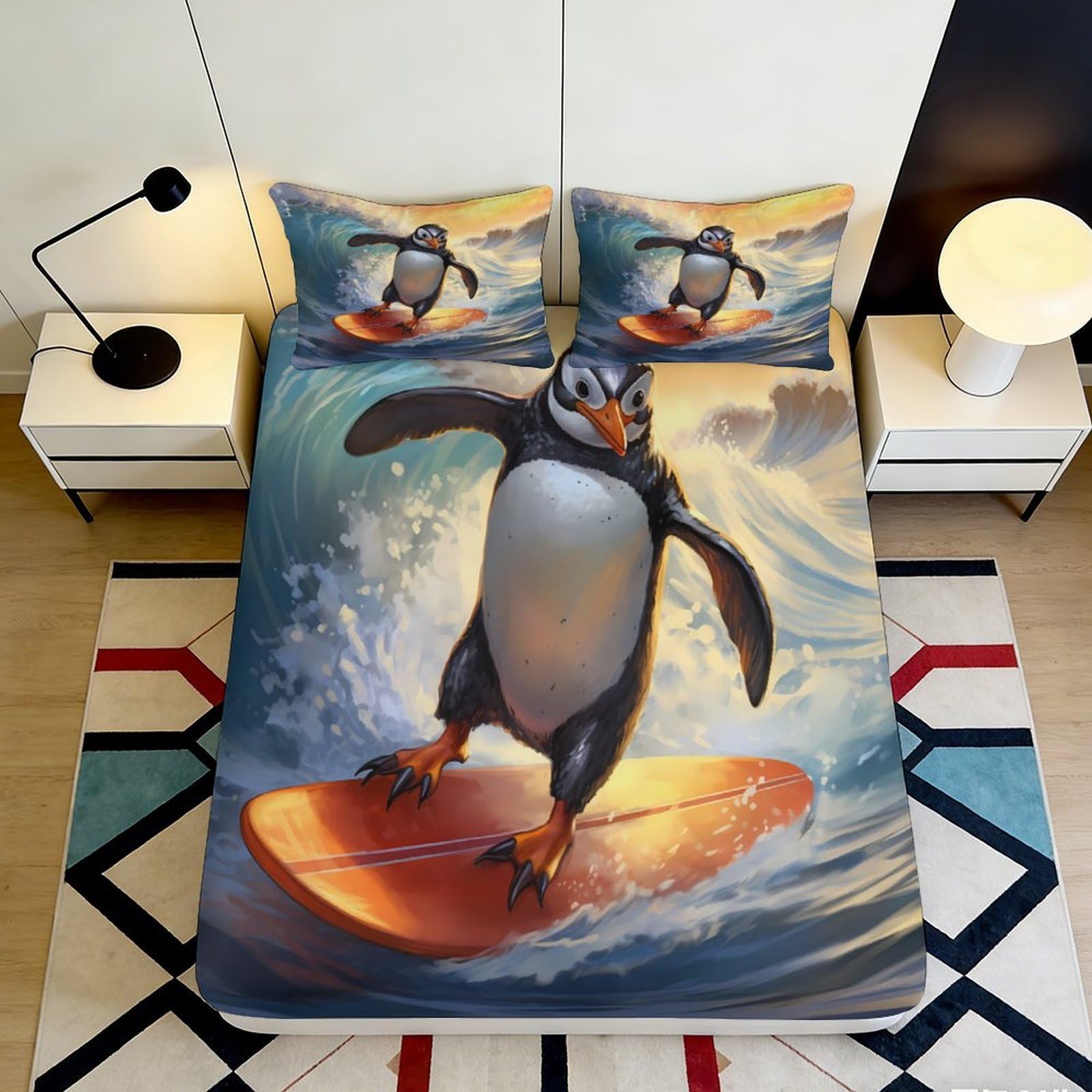 Pnayamiorkfel Style-1 3D Printed Surfing Penguin Fitted Sheet Microfiber Soft Bed Cover Ocean Wave Bedroom Dorm Decor 90X200x25cm