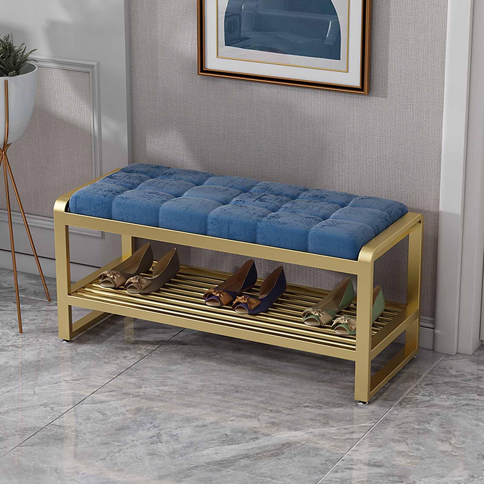 WJFTODAY 2 Tier Shoe Rack with Velvet Seat Gold Metal Frame – Stylish Entryway Storage Solution for Home Living Room & Space Saving nization