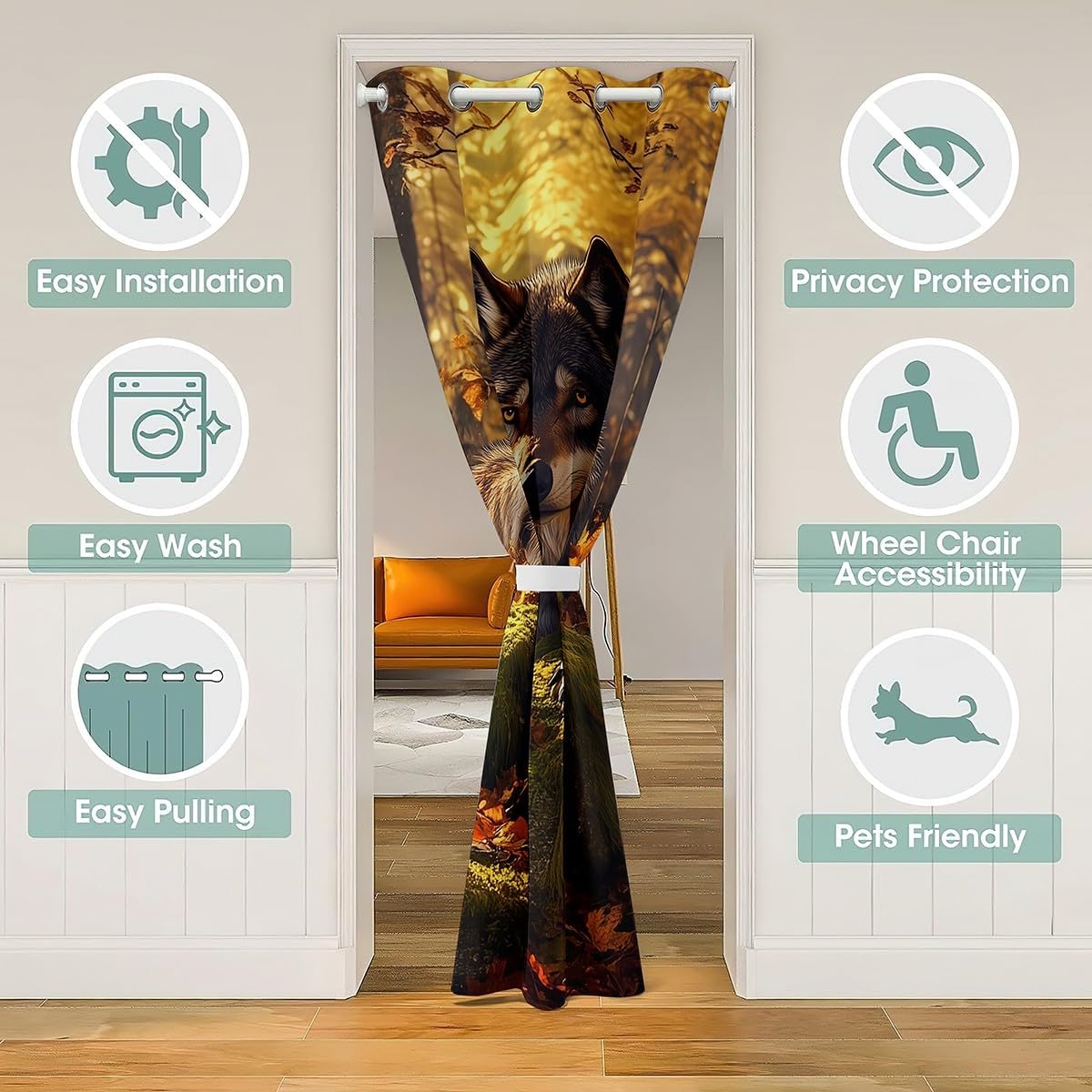 Jungle Wolf Door Curtain for Boys Girls 3D Fierce Wildlife Doorway Curtain 52" W x 80" L Autumn Fall Maple Leaves Closet Curtain Wild Safari Animal Door Curtain Tapestry for Hallway