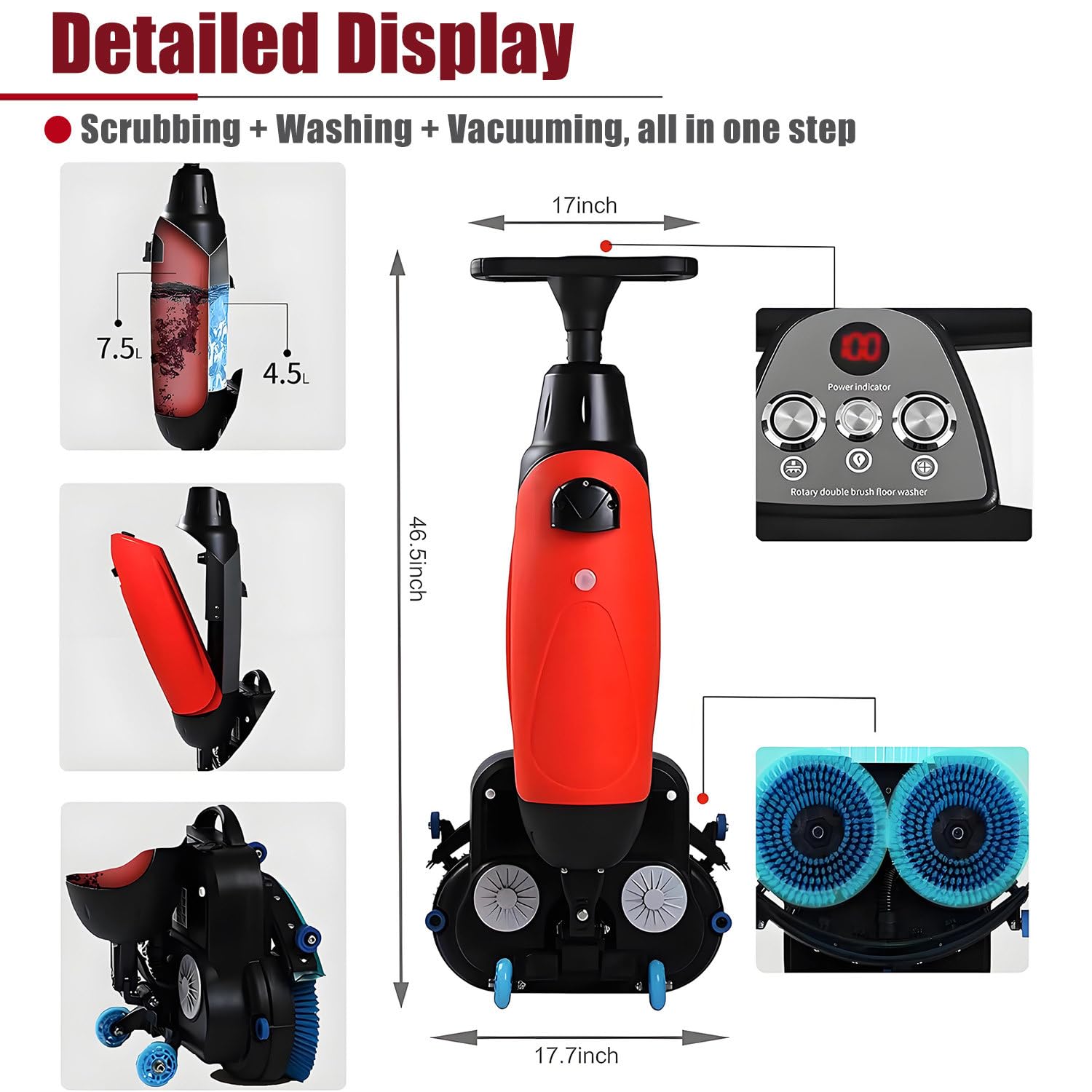 Lavadora de pisos comercial portátil con pista de limpieza de 43 cm, pulidora y limpiadora de pisos multifunción, 240 RPM, fregadora inalámbrica, limpieza profunda de azulejos y pisos de madera
