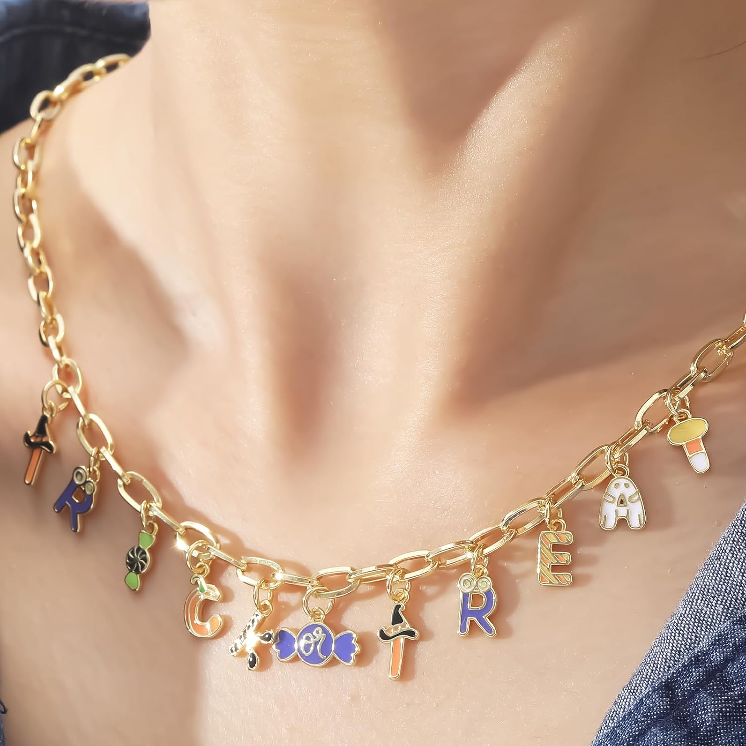 NEKOL Halloween Trick or Treat Necklace for Women, Charm Necklace with Themed Letters Featuring Wizard Hat, Pumpkin, Bat, Ghost, and Candy Designs, Perfect for Halloween Parties and Gifts - Image 2