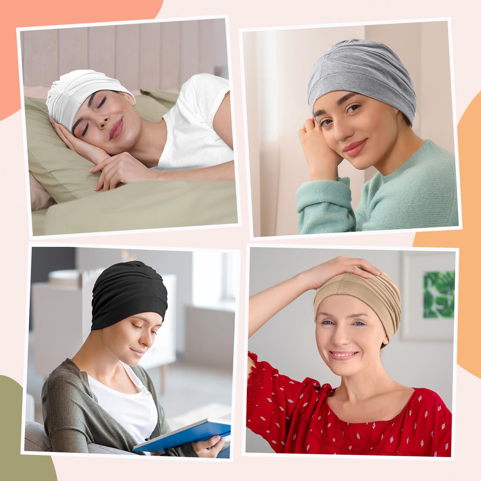 JenPen 4 gorros de dormir con forro de satén para mujer, gorro de seda suave, turbante para quimioterapia, cubiertas para la cabeza, envolturas para el cabello para pacientes con cáncer y pérdida de