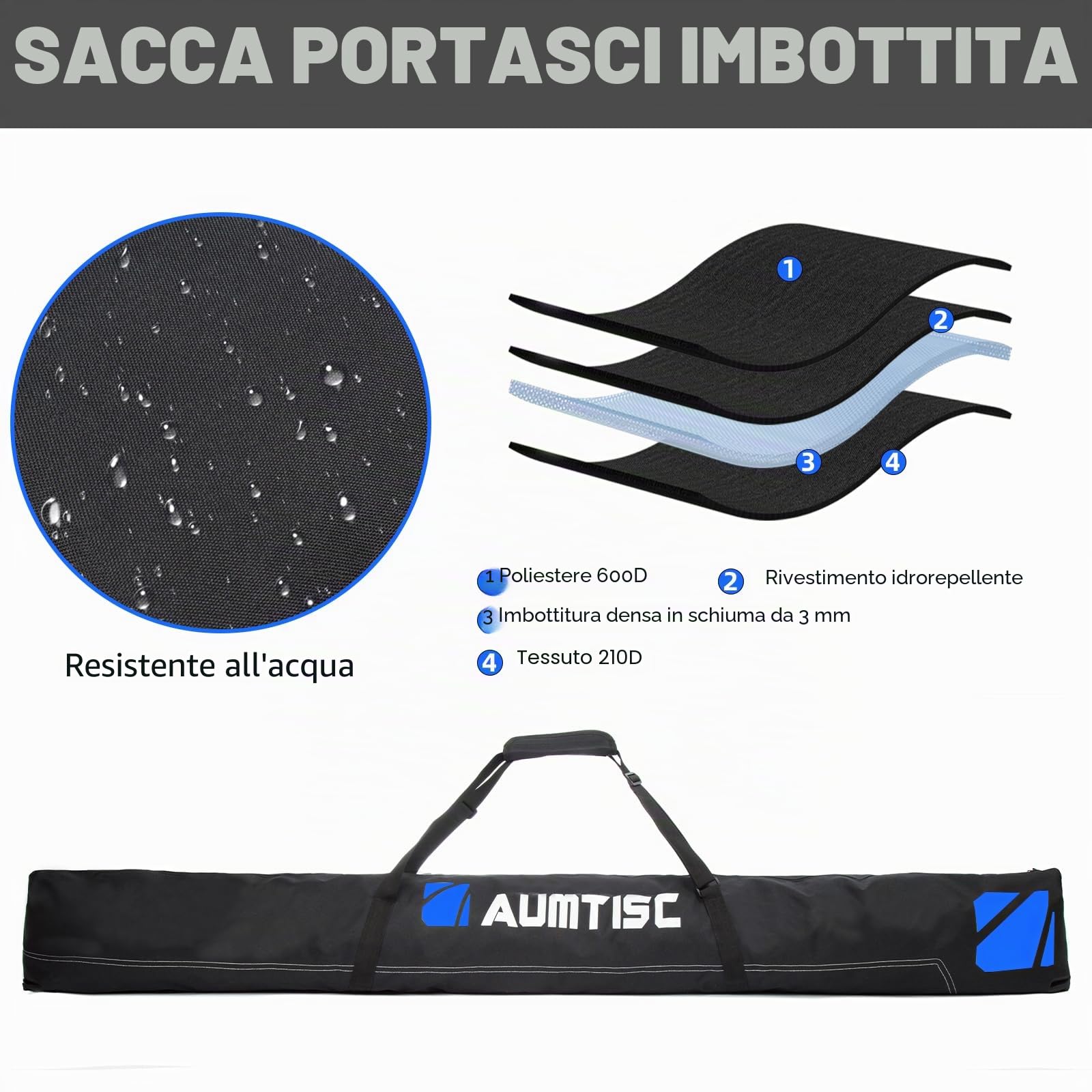 AUMTISC Borsa per Kit da Sci - Borsa per Scarponi Combinata e Imbottita per 1 Paio di Scarponi - Borsa da Sci Regolabile Fino a 200 cm