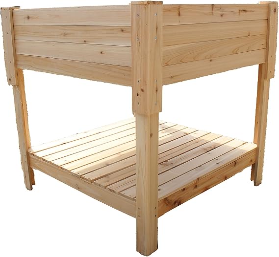 Zylina Raised Garden Planter with Storage Shelf, Outdoor use with Natural Wood, 36 x 36 x 36