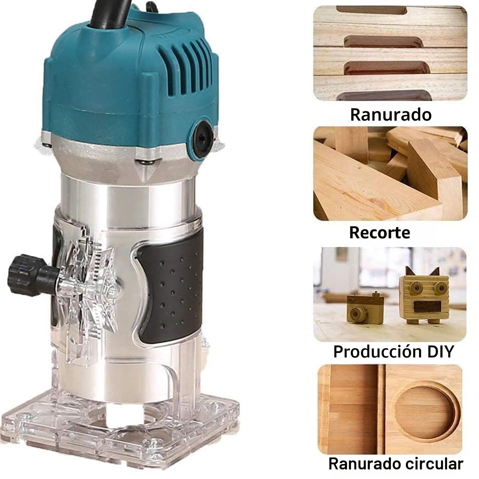 Fresadora eléctrica 800 W, 30.000 rpm, con interruptor basculante y base transparente, incluye juego de 15 fresas para madera