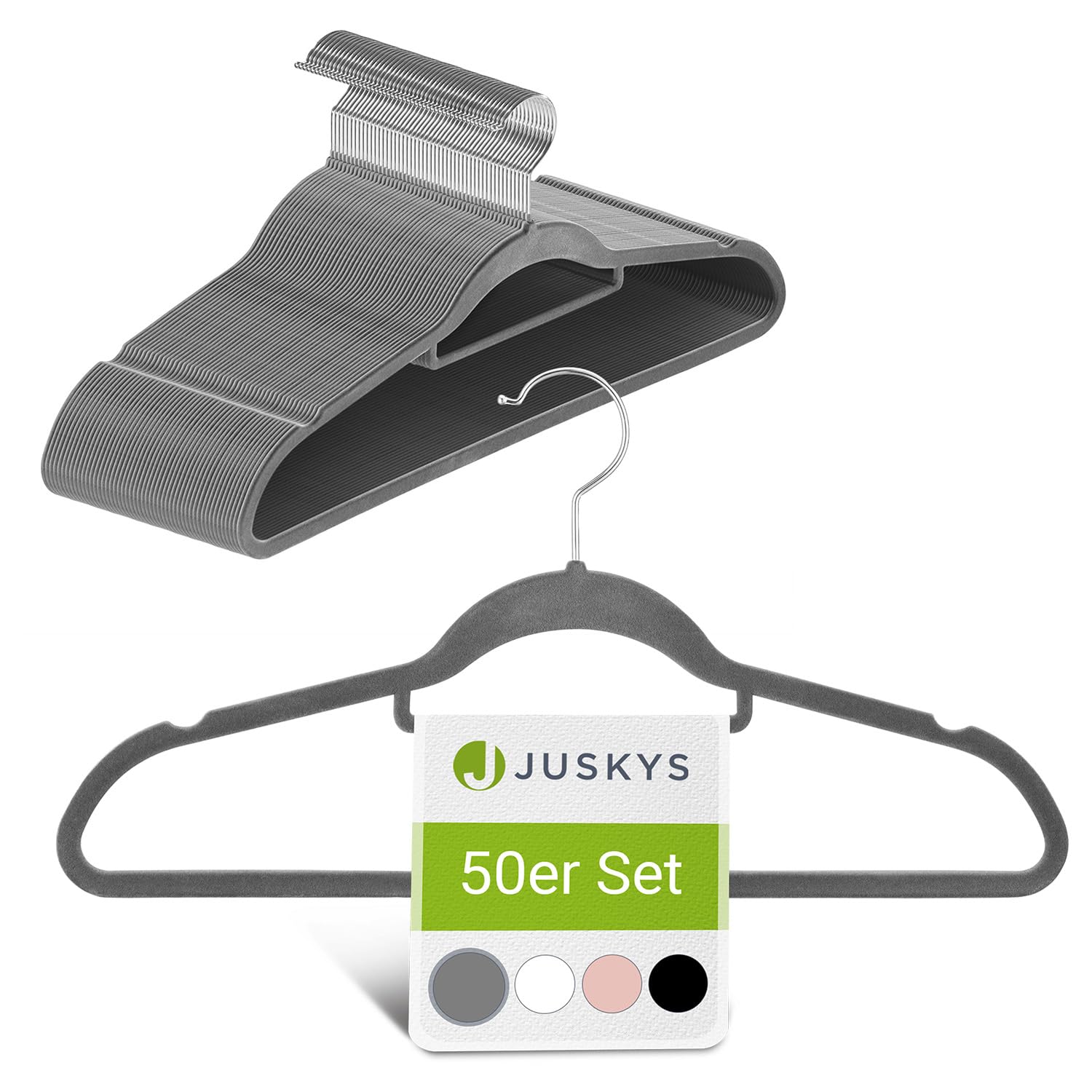 Juskys Kleiderbügel Samt 50er Set - Bügel rutschfest, schmal, platzsparend - Samtbügel beflockt - Haken drehbar - 50 Stück Aufhänger Grau
