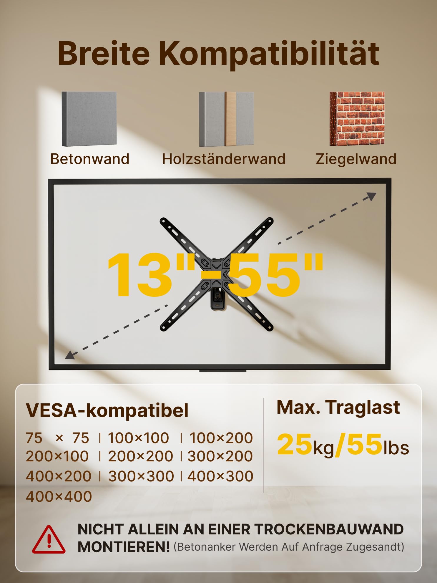 monTEK Supporto da parete per televisori piatti e curvi da 13-55 pollici o monitor fino a 25 kg, orientabile a 180° e girevole a 95°, supporto TV inclinabile, supporto universale da parete per TV, max