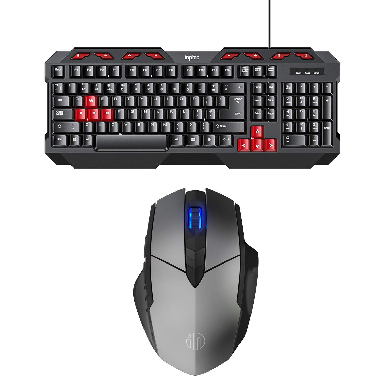 INPHIC Keyboard and Mouse Bundle,Wired Keyboard (USUK Layout), Gaming Layout,Silent Key, Rechargeabl