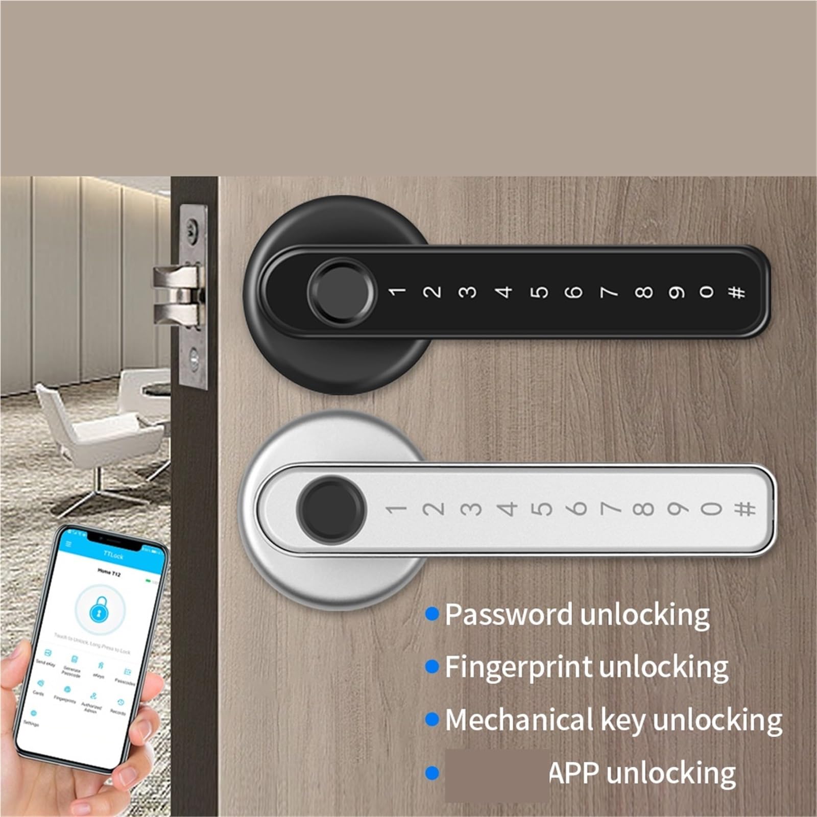 Serrure intelligente à empreintes digitales, Code de mot passe, serrure porte, Bluetooth, biométrique, poignée électronique Bureau Commercial(Black color)