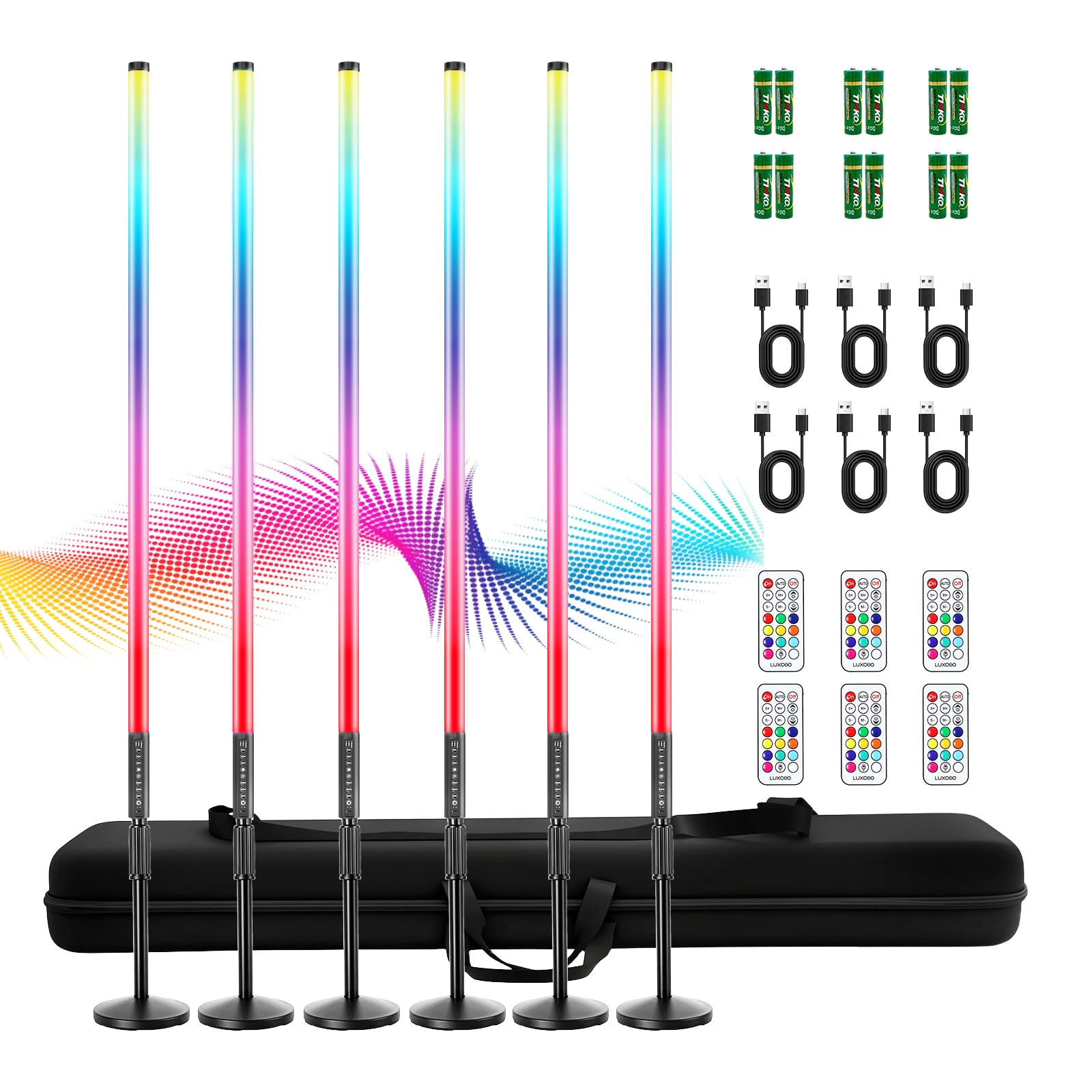 LUXCEO 6 Stück 120cm LED Video Lichtstab Mood1Pro Mit Stativ,integrierter Akku,LED Fotografie Lichtdimmbar und Speicher,RGB-Fotolampe für YouTube,TikTok,Spiel-Streaming,Partybar,Foto-Beleuchtung