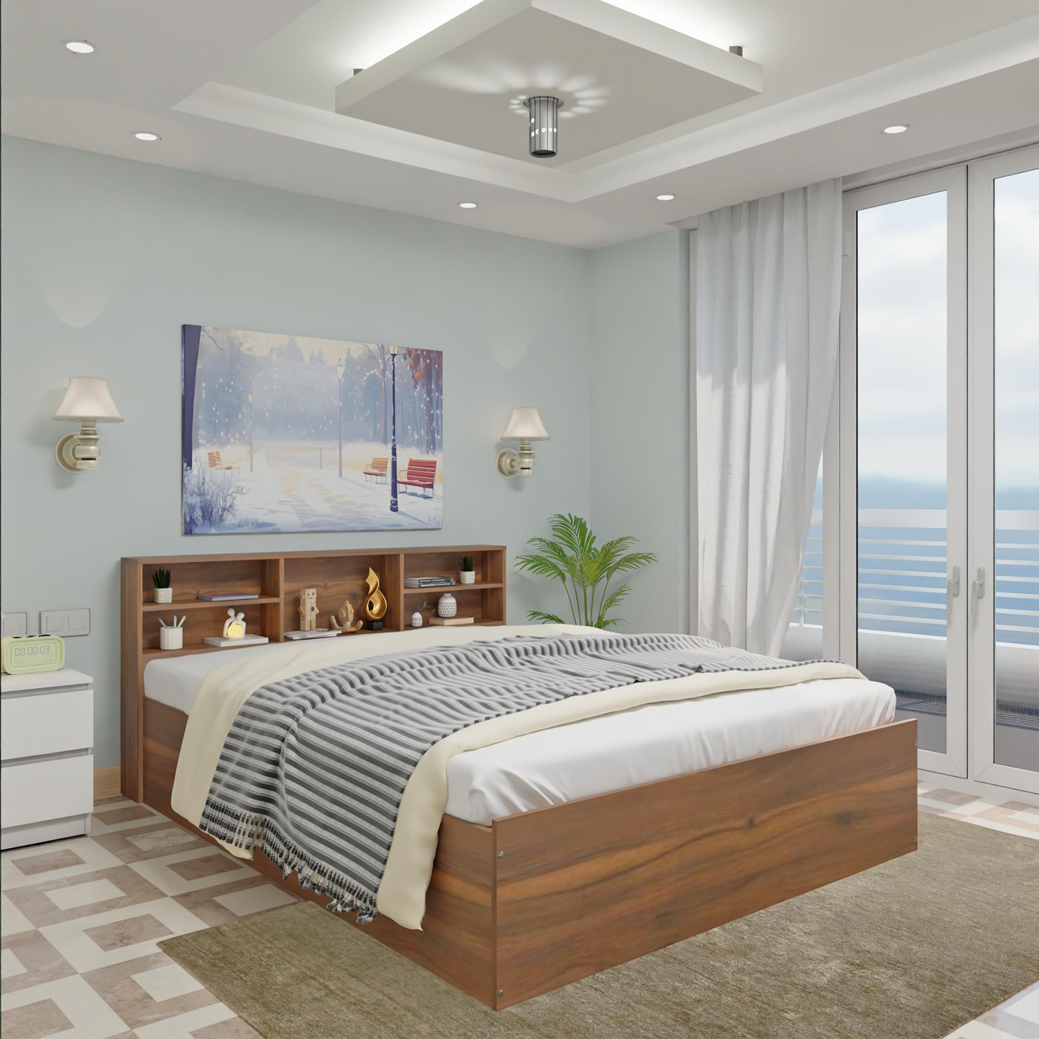 VIKI Utility Queen Size Bed with Storage (78x60) | Engineered Wood Wooden Bed Frame for Bedroom | Modern Box Storage Cot | Brussel Walnut Finish | Free Assembly | 1 Year Warranty