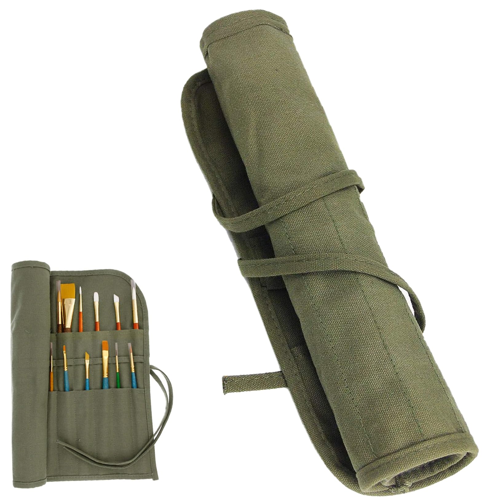 22-Slot Paint Brush Storage Roll Canvas Pouch, Artist Brush Holder Roll Up Bag for Watercolor Gouache (Army Green)