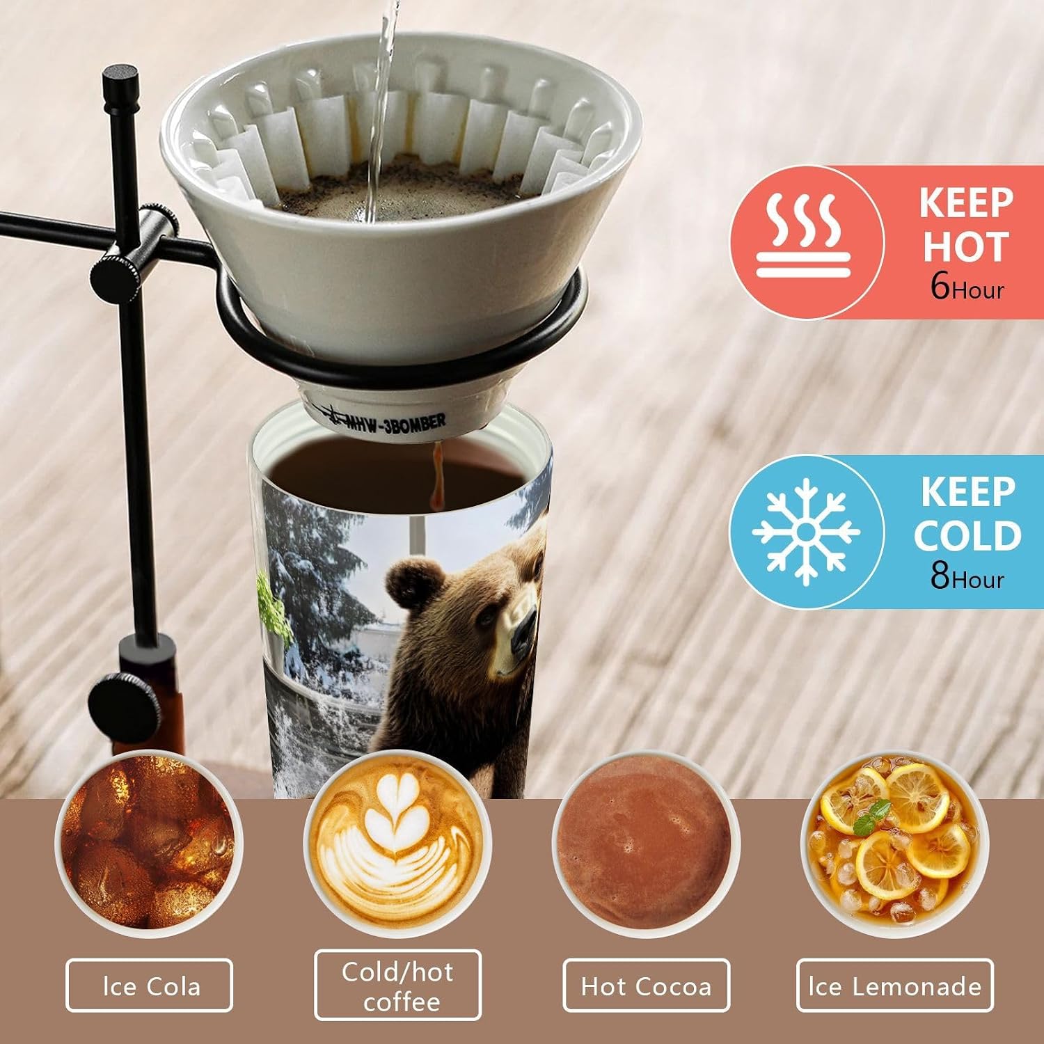 Insulated Coffee Mug Bear Bathtub Funny with Straw & Flip Lid, 16.9oz Iced Tumbler Cup, Double Wall Vacuum Mug for Travel Office Camping
