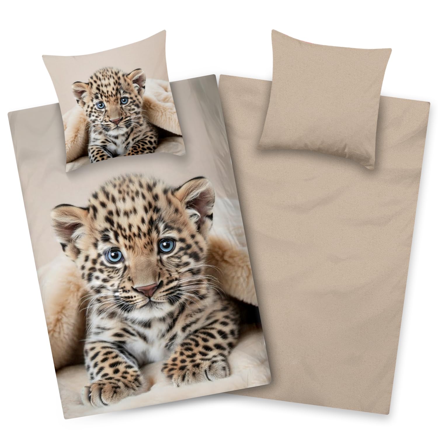 Aminata kids Bettwäsche 135x200 cm Leopard Safari Tiermotiv 100% Baumwolle für Kinder und Jugendliche mit Reißerschluss Geschenktipp Jungen Mädchen