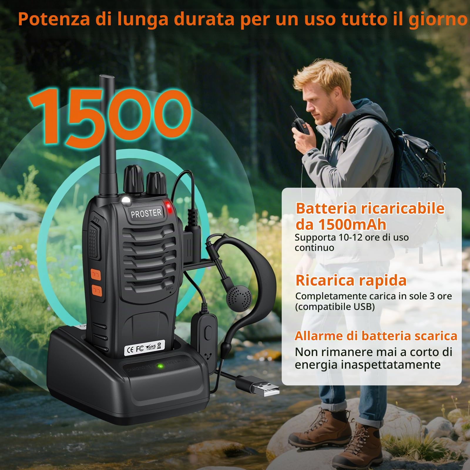 Proster Walkie Talkie Ricaricabili PMR446 Senza Licenza, Set da 3 Ricetrasmittenti Portatili a 16 Canali con VOX Mani Libere, Auricolari e Torcia LED per Lavoro, Softair, Outdoor e Famiglia