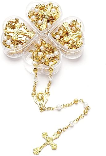 (12) PCS – Bautismo, Rosario de la Primera Comunión Recuerdos de Oro Perla para Primera Comunión Niña Niño Corazón Caso