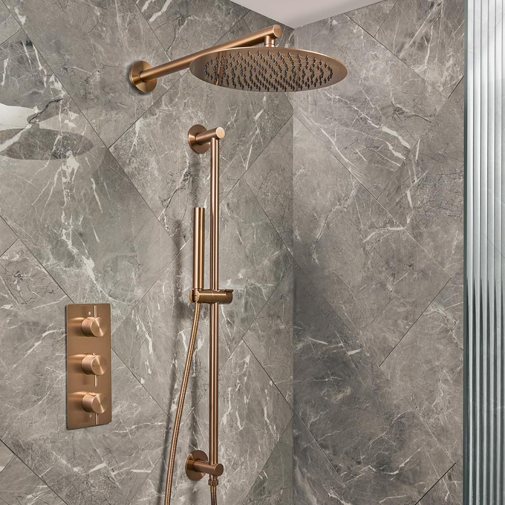 Milano Otto Thermostatic Mixer Valve 300mm Shower Head Handset Riser Rail - Brushed Copper