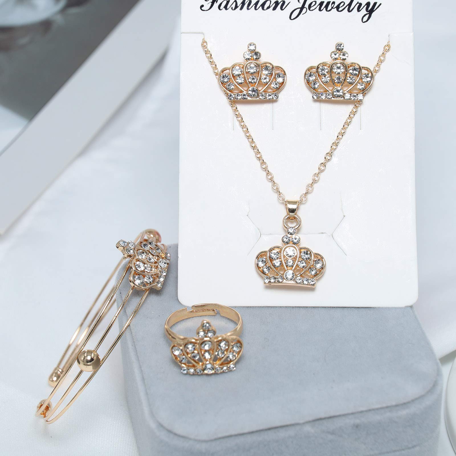 YienateFashion Rhinestone Crown Jewelry Four-piece Set Exquisite Crown Necklace Earrings Ring Open Bracelet Elegant Jewelry Accessories for Women and Girls