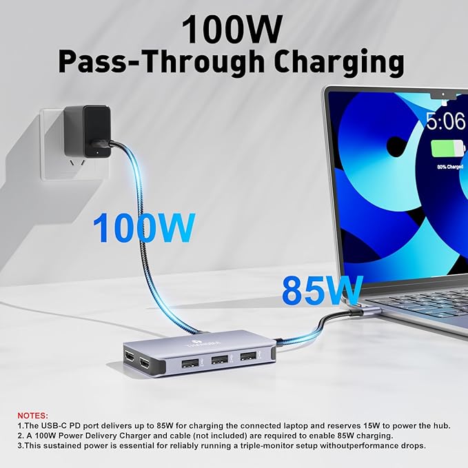 Adaptador USB C a Dual HDMI, Hub 6 en 1 con 3 Puertos USB-A y PD 100W miniatura 5