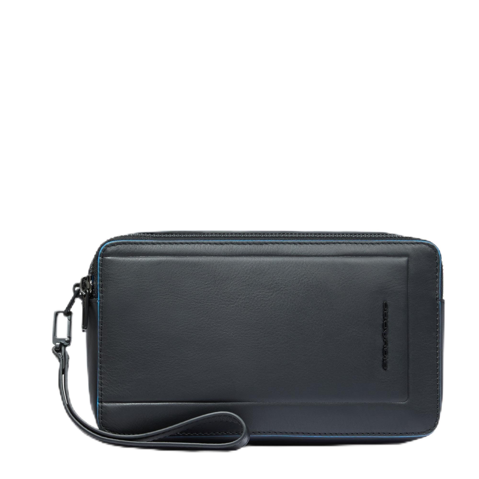 PIQUADRO – Pochette in Pelle – 2 Scomparti, Polsiera Rimovibile – Design Compatto – Colore Nero – Uomo