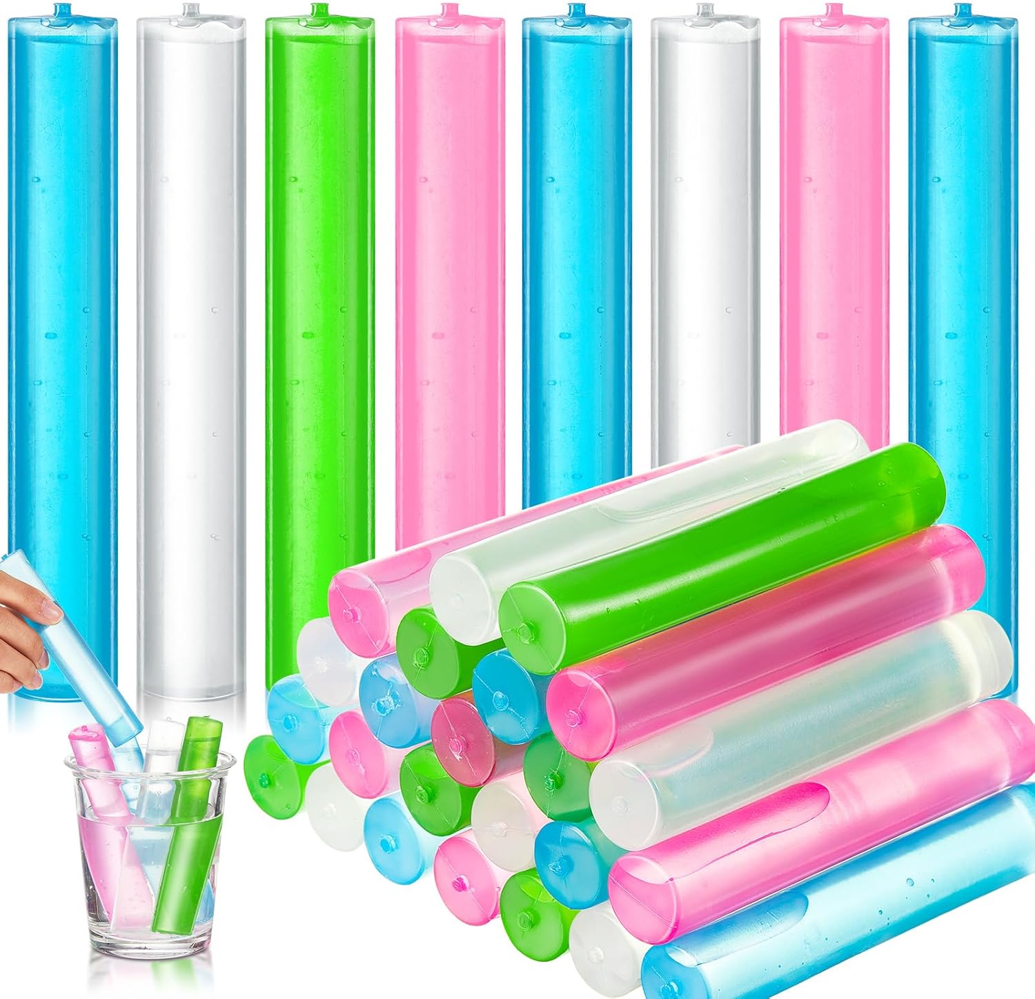 24 Pcs Reusable Ice Cubes Bulk Colorful Ice Stick for Drinks, Summer Water Bottle Ice Cube Plastic Washable Freezable Ice Sticks for Water Jug Coffee Whiskey Wine Beer Party Supplies Drink