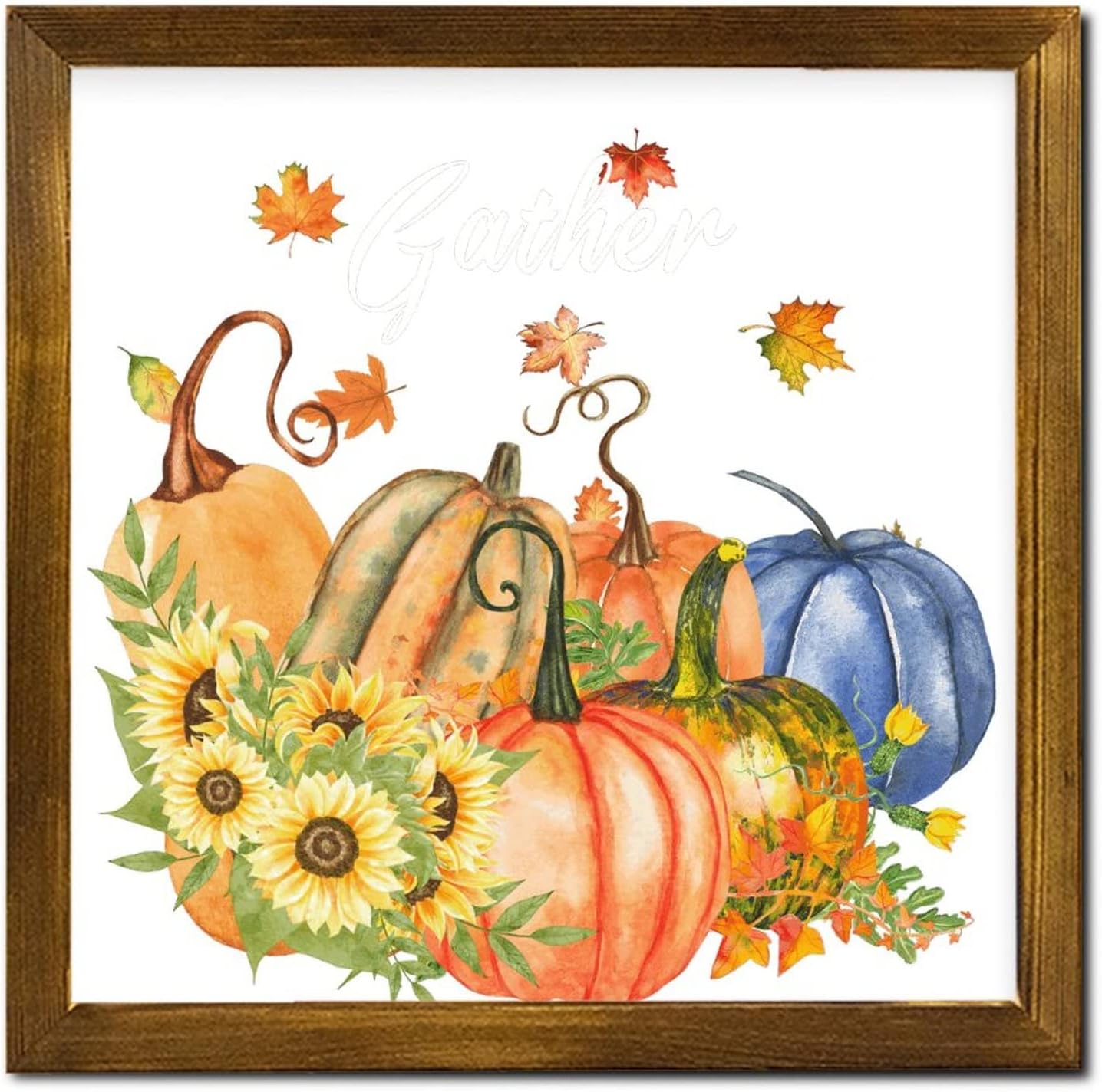 Autumn Gather Framed Wood Sign Fall Pumpkin Sunflower Maple Leaves Wall Decor Sign Retro Harvest Thanksgiving Wood Hanging Wall Art Decoration for Home Front Door Entryway Porch 12x12 inch