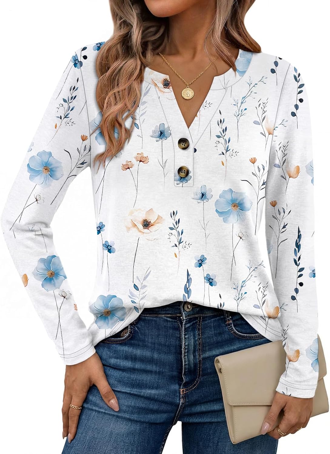 Dealmore Women's Boho Henley Shirts - Soft Stretch Long Sleeve Blouses, Casual Printed V-Neck Tunic Tops
