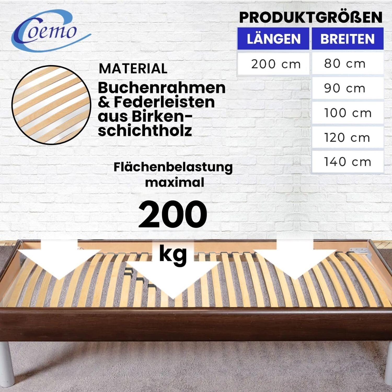 Coemo XXL Lattenrost Big Size extra stabil bis 200 kg belastbar, 140x200 cm