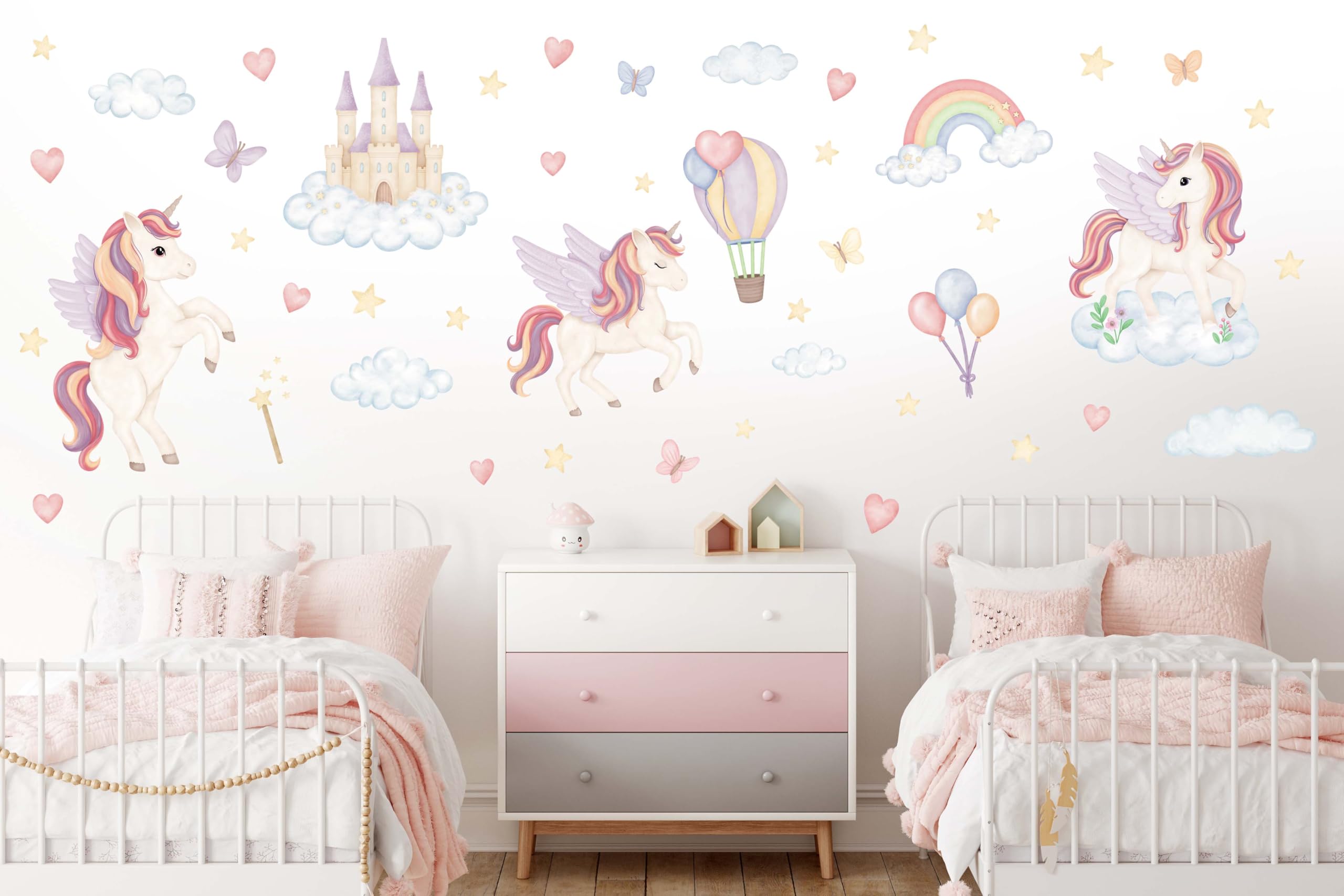 Wandtattoo Kinderzimmer Einhörner - Kinderzimmer Deko 50 separate Aufkleber - Wandtattoo Kinderzimmer Sicher für Kinder - Wanddeko Pastellfarbene, Rosa, Violette - Magische Einhörner