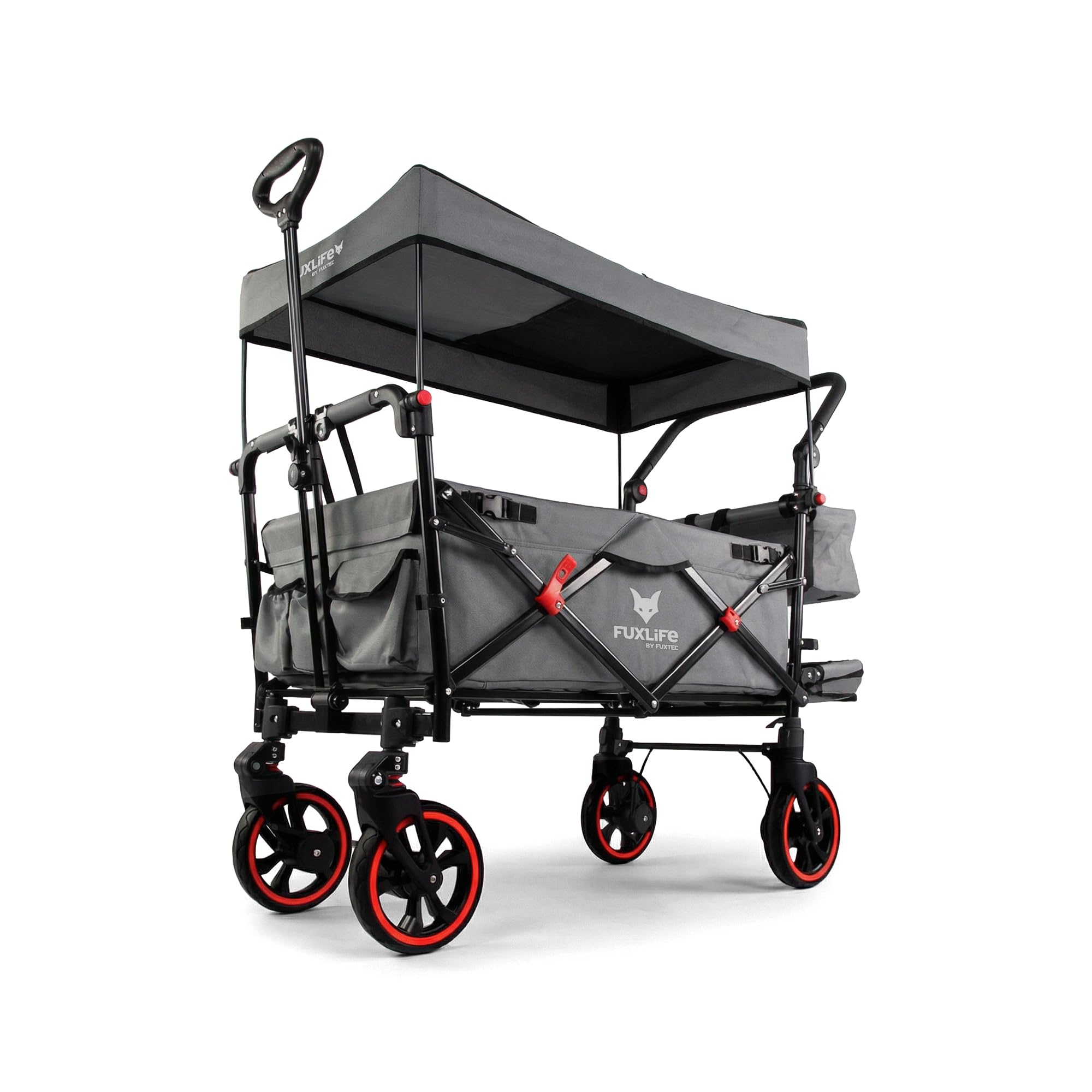 FUXLIFE Bollerwagen FX-CT850 Grau - Komfort faltbar • Kinder Transportwagen mit Sonnendach • gepolsterter Innenraum mit Verlängerung • gefederte Räder • klappbarer Handwagen mit Hecktasche