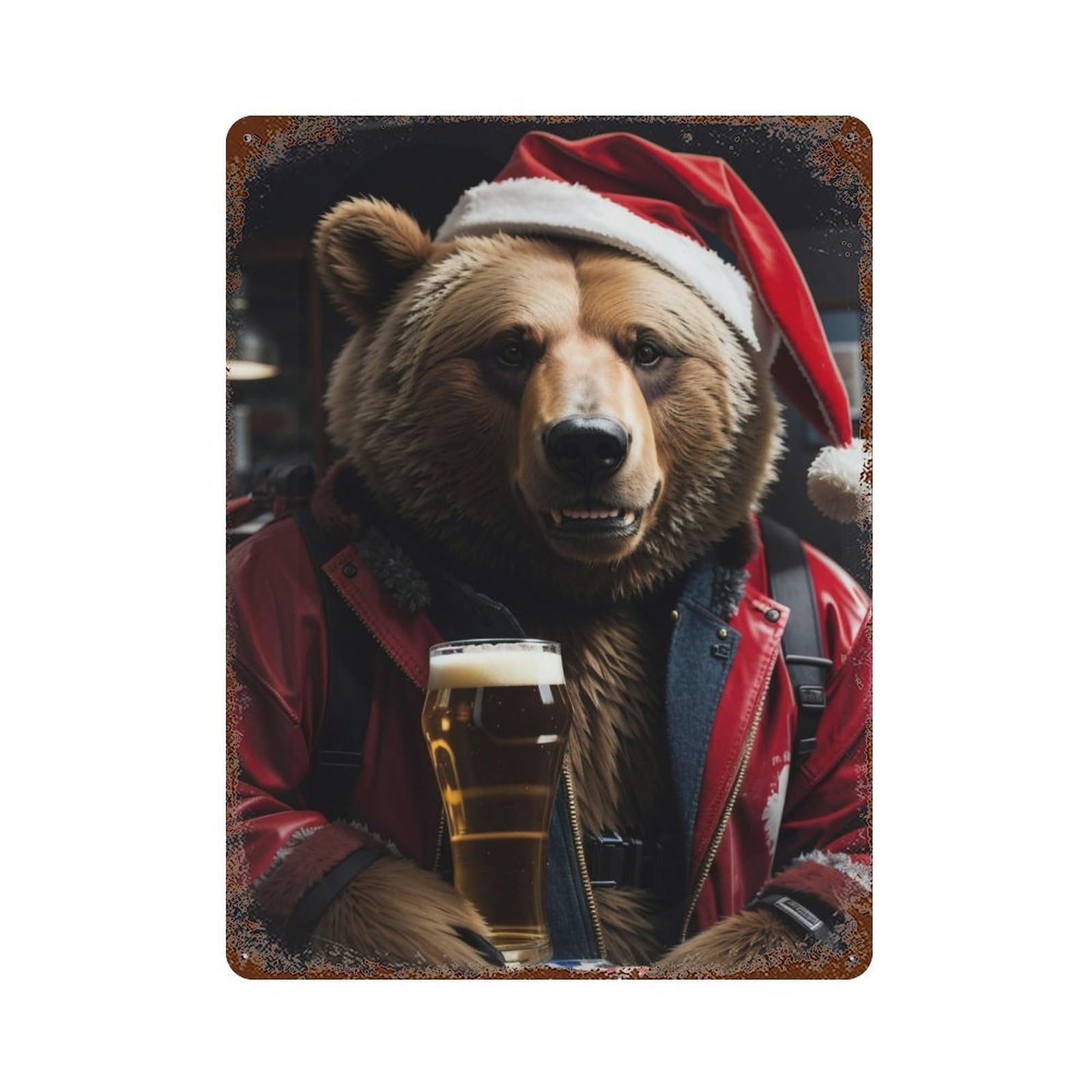 Rust Effect Drinking Beer Santa Bear Vintage Rust Metal Sign 15.7"x11.8", Vintage Wall Decor for Garage, Bar And Workshop Decor