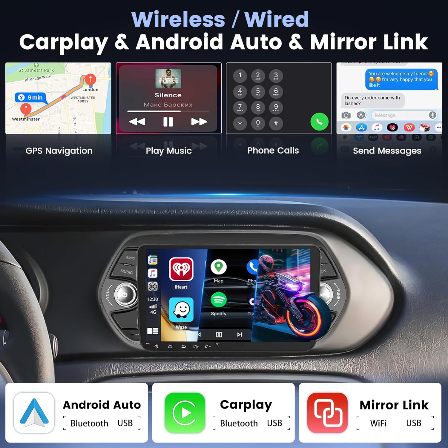 Screenshots demonstrating Wireless CarPlay, Android Auto, and Mirror Link functionalities on the Roinvou car stereo, showing navigation, music playback, phone calls, and messaging interfaces.