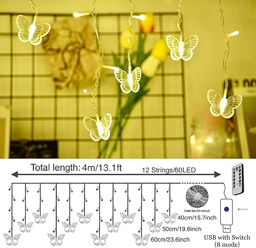 Miniatura 5 de Luces de cortina de mariposa, 60 luces LED de 13.1 pies, alimentadas por USB, 8 modos, luces de cortina de ventana con 12 mariposas, impermeables,