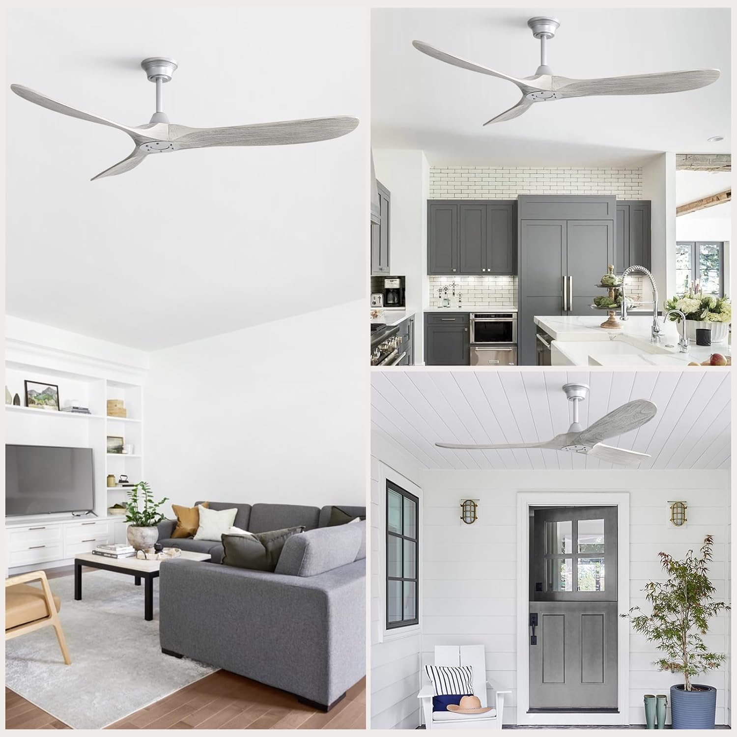 CACI Mall 60" Ceiling Fan no Light, Outdoor Ceiling Fans for Patios Without Lights, Remote Control, Solid Wood 3 Blades, Quiet, Indoor Ceiling Fan for Living Room, Patio, Bedroom, Porch, Farmhouse