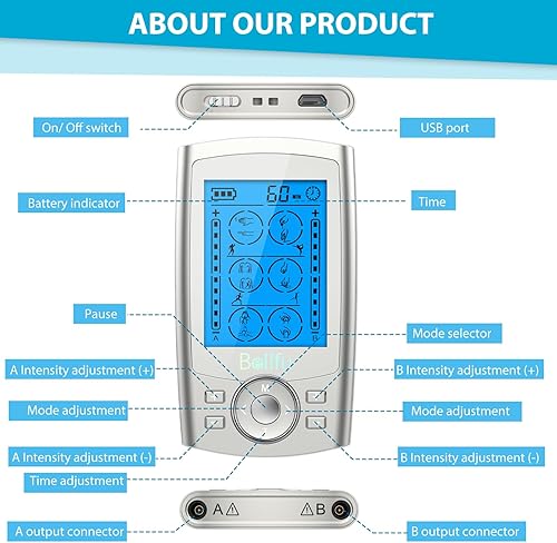 Miniatura 2 de Belifu Unidad TENS EMS de doble canal, 24 modos, estimulador muscular para terapia de alivio del dolor, masajeador electrónico de pulso con 10