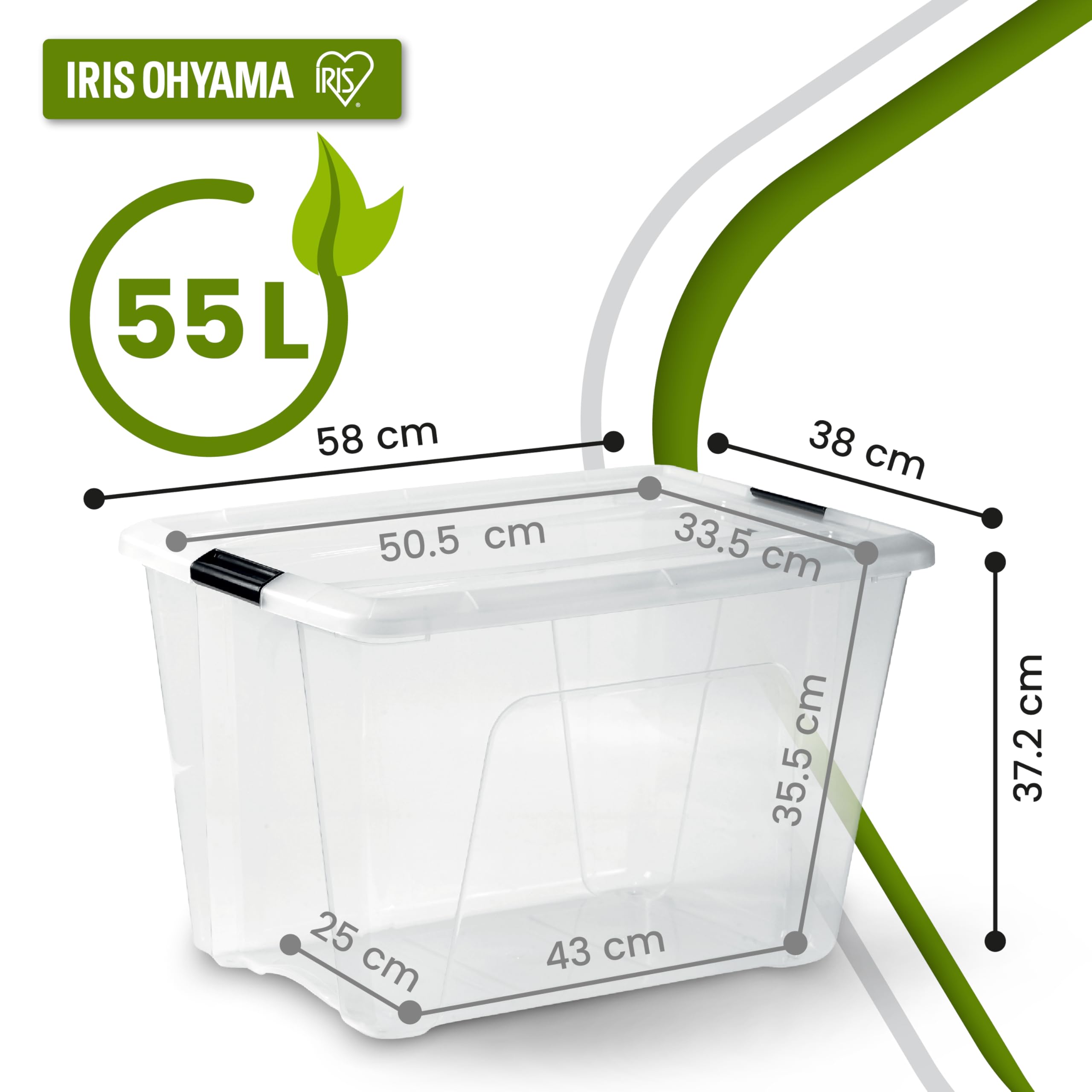 Iris Ohyama, Boite Rangement Plastique avec Couvercle, 55L, Lot de 3, Transparent, 98% en Plastique Recyclé, Clips de Fermeture, Poignée, Empilable, pour Chambre, Dressing, Bureau, Sans BPA, BSB-55