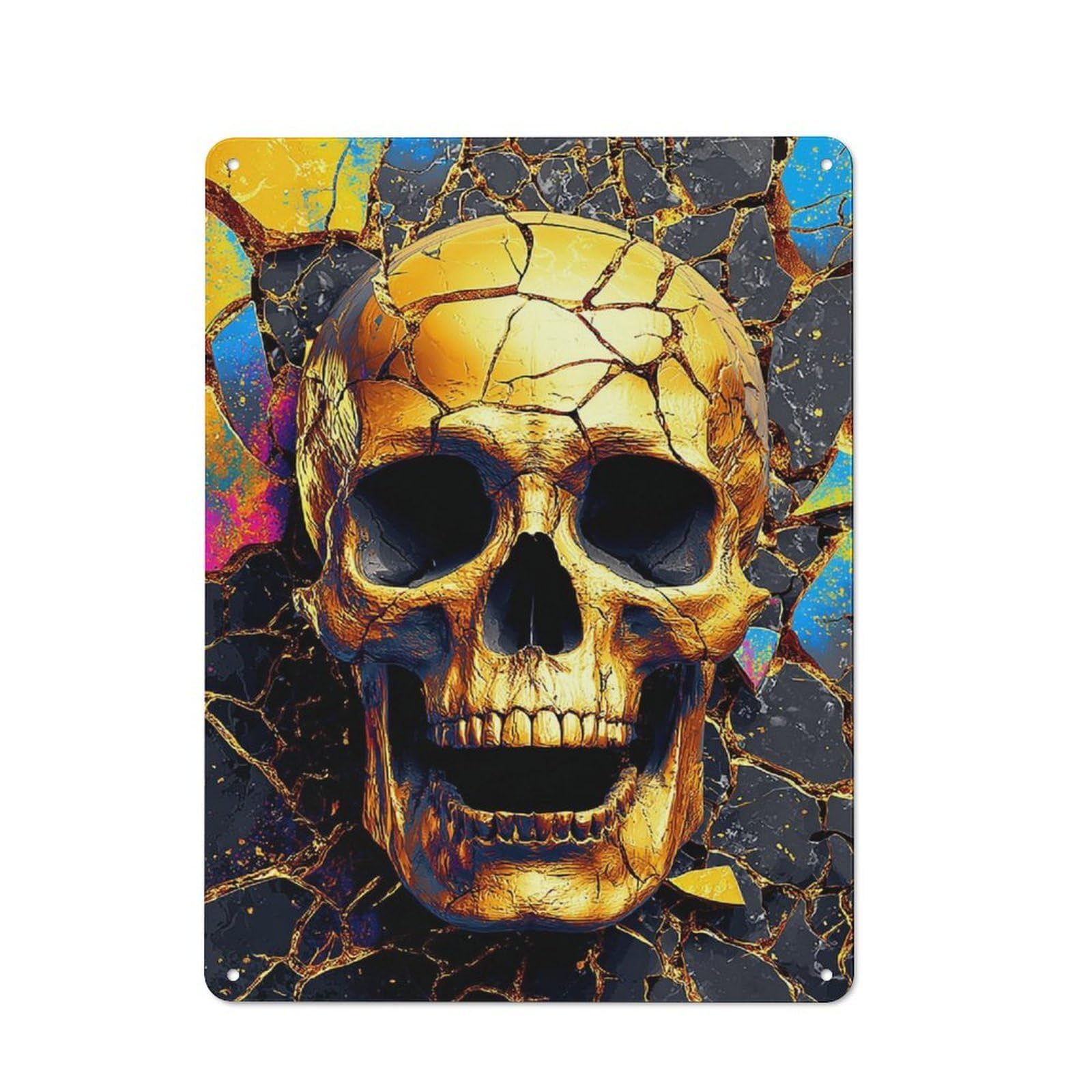 Junmoney Golden Skull Breakthrough Artwork Metal Wall Sign 40X30cm Featuring For Garage Or Workshop, For Vintage Wall Decor Fans, For Metal Sign Collectors