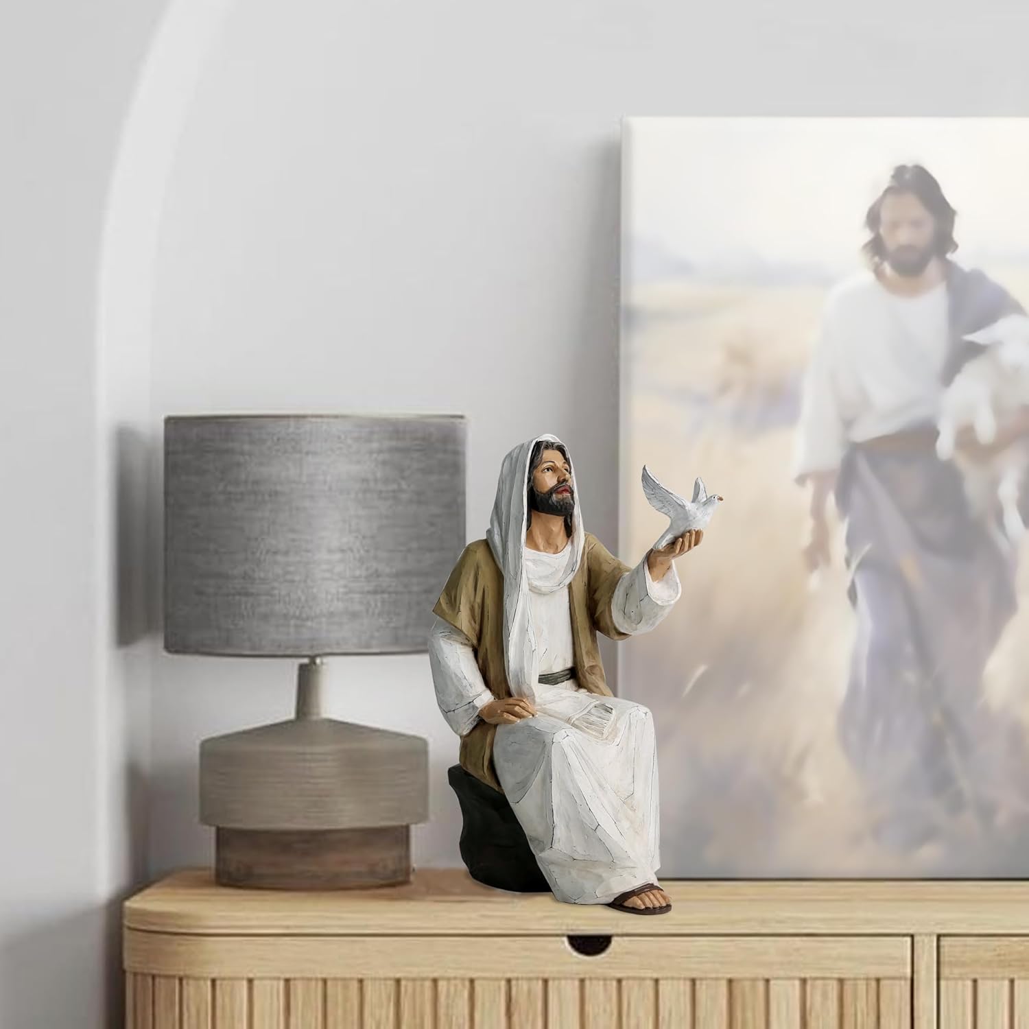 Jesus Christ Statue with Dove, Hand Painted Religious Figurine, 7 Inch Jesus on Rock Resin Statue for Modern Christian Home Decor