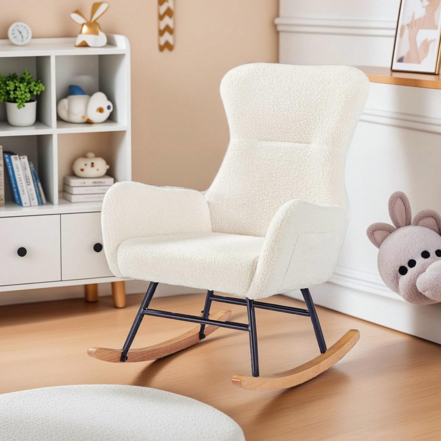Nursery Rocking Chair,Upholstered Glider Rocker with High Backrest for Living Rooms, Bedrooms, Offices (Beige Teddy)