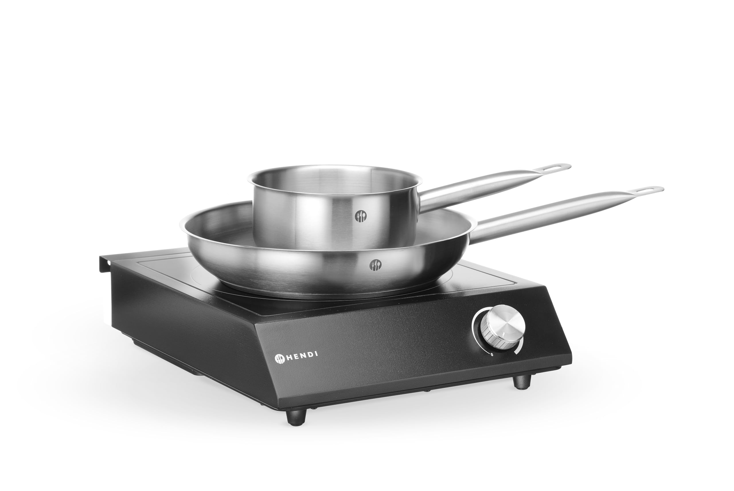HENDI Plaque de cuisson à induction de table avec poêle et casserole, commande par bouton, 31 niveaux de puissance, 230V/3500W, 320x395x(H)95mm, verre, fer, acier inoxydable