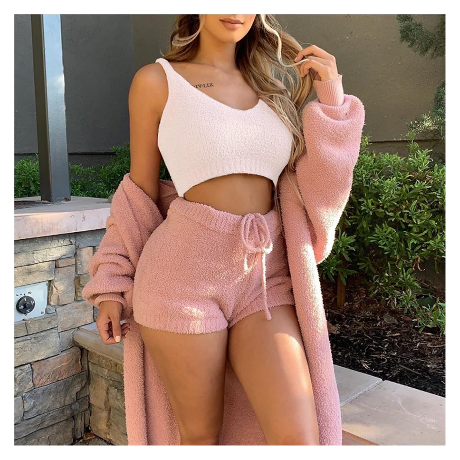 Conjunto de Pijama Mullido de 3 Piezas para Mujer Conjuntos de 3 piezas for mujer, cárdigan con capucha de lana de felpa, abrigo, Top corto, pantalones cortos de motorista, chándal informal, sudaderas